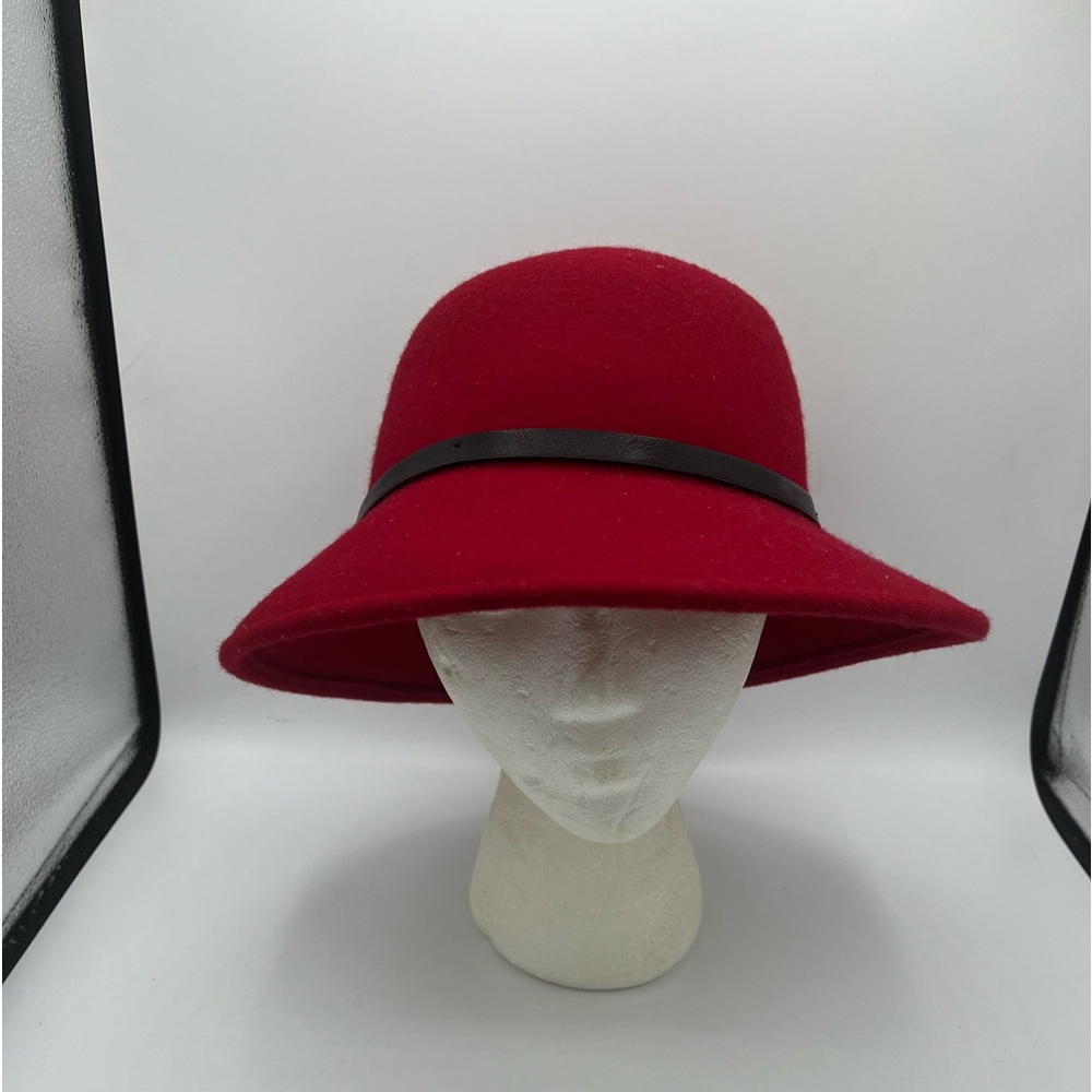 NINE WEST Women’s 100/Wool Hat Red/Black Leather Trim One Size RN110188